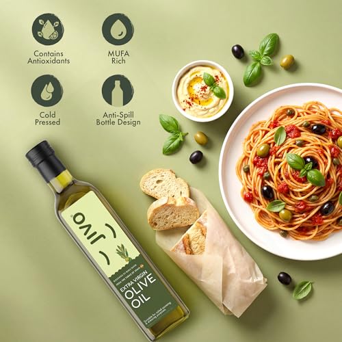 Image of Jivo Extra Virgin Olive Oil 250 ML Glass Bottle | Imported from Spain | Contains Vitamin E | Low in Saturated Fat | Natural and Cold Pressed Cooking Oil, for Dressings, Salad and Soups, Dips & Marinades.