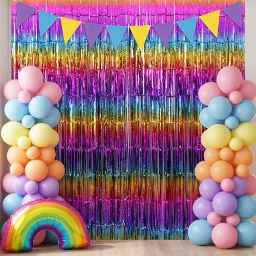 Image of TONIFUL 2Pcs Rainbow Gradient Metallic Tinsel Foil Fringe Curtain Streamer