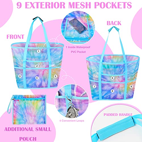 Mesh Beach Bag - Large Beach Tote Bag Women Pool Bags with Zipper 10 Pockets Foldable Beach Toy Bag for Towel, Flip Flops4