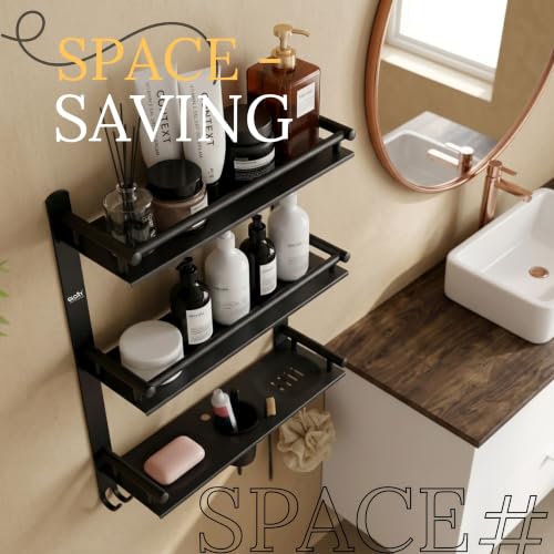 Image of GLOXY Premium Combo Pack of 3 Black Matte Finish Bathroom Shelf Rack - 4 in 1 Stainless Steel Wall Mount Bathroom Soap Rack with Toothbrush Holder - Bathroom Fittings Accessories Set