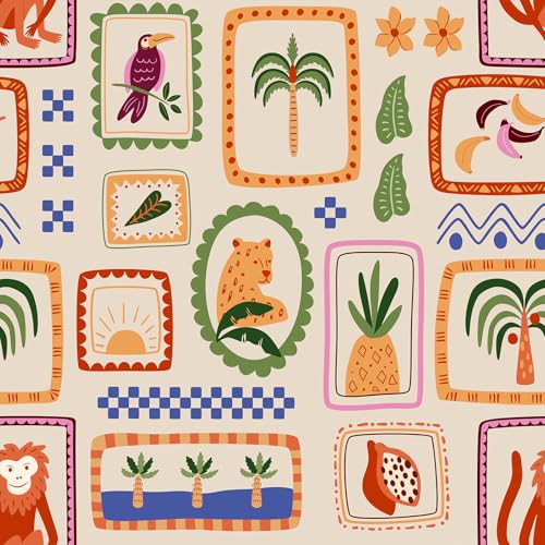 VaryFloral Lámina adhesiva para muebles, diseño de animales infantiles, papel pintado autoadhesivo de 44,5 cm x 400 cm, papel pintado beis tropical, diseño botánico, lámina autoadhesiva, extraíble