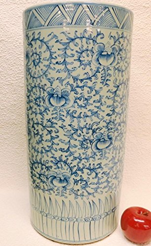 Lotus Flower Blue and White Porcelain Umbrella Stand 18"