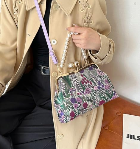 Vintage Embroidered Flower Handbag Retro Pearl Chain Crossbody Bag Clutch Kiss Lock Top Handle Shoulder Purse Wallet 20252