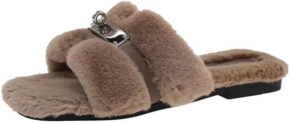 Axellion Womens Fuzzy Slides Open Toe Fluffy House Slippers Indoor Outdoor Furry Slide Sandals