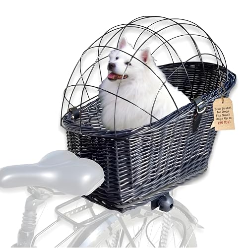 Wiklibox Natural Wicker Dog Bike Basket - 100% Organic Rattan Pet Carrier with Protective Grille - Eco Friendly Design - Soft Cotton Cushion & Mounting Bracket for Secure Bicycle Rear Luggage Rack