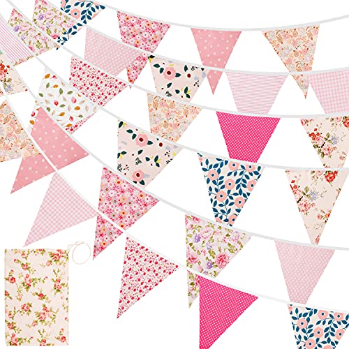 15M/50Ft Fabric Bunting, 45pcs Bunting Banner Cotton Vintage Floral Triangle Flags for Christmas Garden Birthday Party Outdoor Hanging DecorationPink