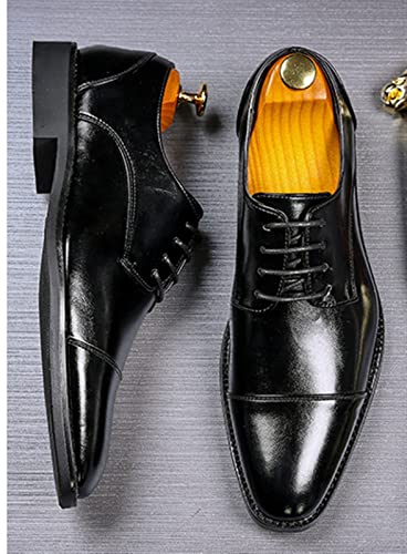 Dress Oxford Formal Shoes for Men Lace Up Cap Toe Black Burnished Toe PU Leather Anti-Slip Low Top Resistant Non Slip Block Heel Wedding(Black,10 M US)3