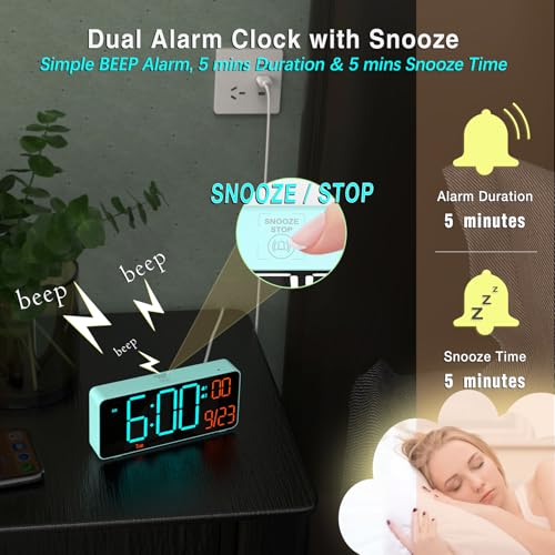 Image of KOSUMOSU Alarm Clock for Bedroom, 6.7in Small Digital Clock, Auto Dimming, Room Temperature, Day of The Week, Date, Alarm Clocks for Living Room, Desk Clocks