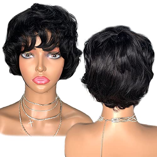 YOSYLPHLIKE Human Hair Short Wigs Pixie Cut Wigs with Bangs Short Black Layered Wavy Wigs for Women 1B Color (#1B)
