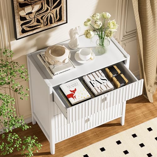 Image of Furniway White 4 Drawer Dresser, 31.5 inch Wide Modern Chest of Drawers with Fluted Front and Metal Handles, Storage Dresser for Bedroom, Living Room, or Entryway