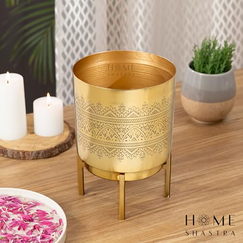 Image of Raaga Gold Metal Planter with Stand | Pack of 1 | 8 Inch (Height) 6 inch (Diameter) Planters for Living Room, Bedroom Decor