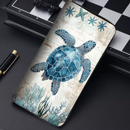 RFID Blocking Leather Wallet for Women – Large Capacity Zip Around Clutch with 8 Card Slots,13 Cash Pockets & Coin Zipper,Sea Turtle Illustration3