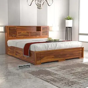 NISHA FURNITURE Solid Sheesham Wood King Size Bed with Box Storage | Wooden Double Bed Cot for Living Room, Home, Bedroom Furniture - in Natural Teak Finish