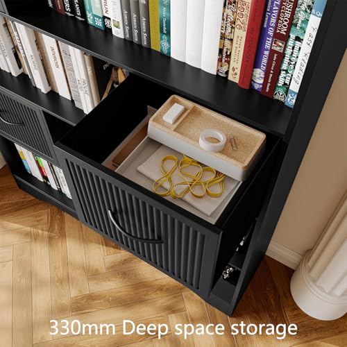 70" Book Shelf and Bookcase, Tall Bookshelf with Drawers, 48" Wide Modern 5 Tier Bookcase with 3 Bins Storage, Large Wood Display Cabinet with Adjustable Bin Storage for Living Room,Black - Image 5