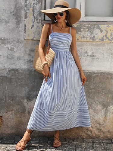 Image of Caracilia Womens Maxi Dresses Gingham Spaghetti Strap Back Smocked Flowy Long Sundress Summer Beach Vacation Clothes 2026