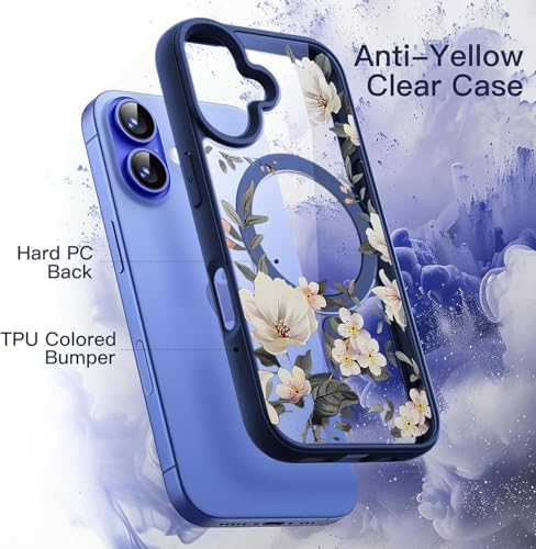 Image of VONZEE Compatible with iPhone 16 Case Luxury Retro Flowers Floral Clear for Magnetic Wireless Charging Case Shockproof Case PC+TPU Cute Glossy Shiny Cover for Girls Women, 6.1'' Navy Blue