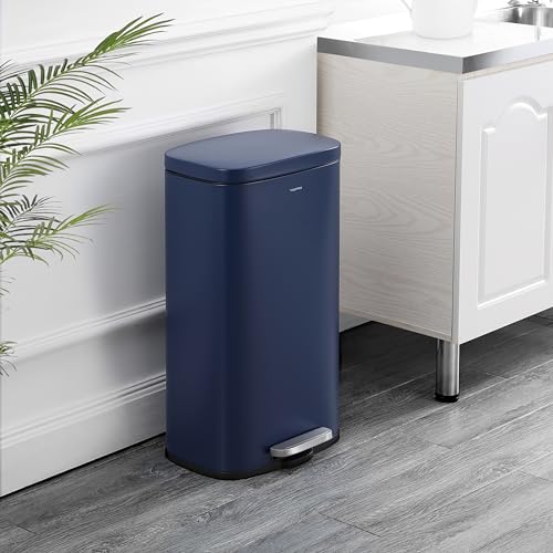 Image of happimess Curtis 8 Gal Step Trash Can Soft Close 25 inch, Denim Blue | Iron Construction, Satin Finish, Removable Liner, Steel Pedal, 20 Trash Bags Included, Kitchen Office Bin