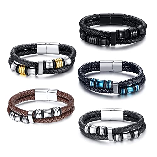 Whoiy Bracelet Jonc Homme, Bracelet Cuir Homme Grande Taille Noir Argent Acier Inoxydable Bracelets Jonc 18.5cm