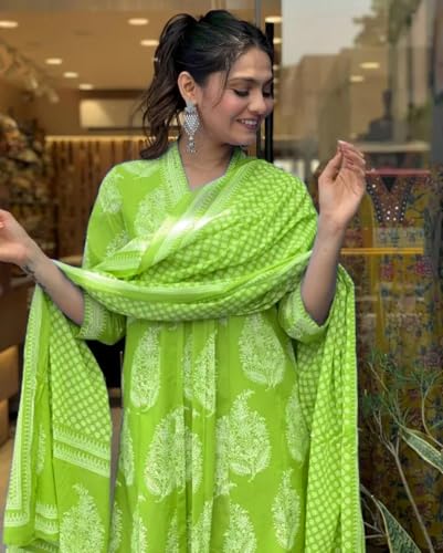 Image of PARTHVI Women's Rayon Blend Anarkali Printed Kurta with Pant & Dupatta & Dupatta