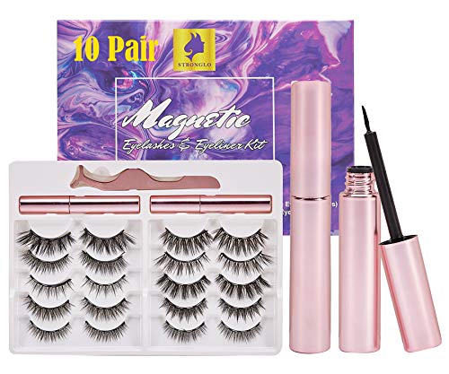 10 Pairs Reusable Magnetic Eyelashes and 2 Tubes of Magnetic Eyeliner Kit, Upgraded 3D 5D Natural Look Magnetic Fake Lashes and Liner Set - No Glue Need