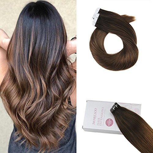 22 Inch Balayage Colored Tape on Hair #1B Off Black Fading to #8 Brown Remy Human Hair Glue in Hair Extensions with Invisible Tape 20pcs/50g Seamless Hair Extensions