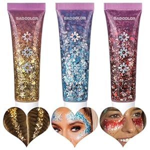 Gold Blue Red Face Body Glitter Set, Holographic Shimmer Chunky Glitters for Hair Nails Eye Lips, Music Festival Concert Rave Accessories Party, Sparkling Mermaid Sequins Gel Makeup Kit