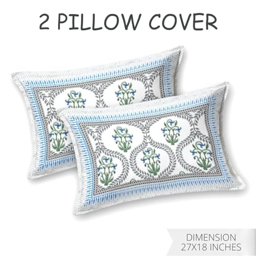 Image of Living Roots Ethnic Jaipur Block Print Double Cotton Bedsheet & 2 Pillow Covers, for Mattress Upto 6 inches Thick, No Colour Bleeding, Blue Colour, King Size 90 * 108 inches, 120TC (604-A)