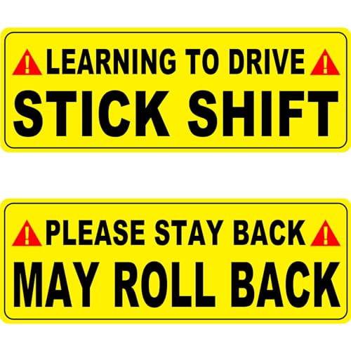 Image of Learning to Drive Stick Shift Stay Back May Roll Back Car Magnet, Funny Student Driver Warning Magnetic Car Sign for New Manual Transmission Learners (Black-Yellow-2 Pack)