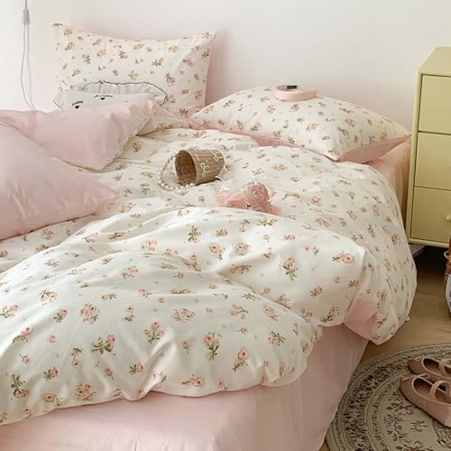 Image of Nayoroom Pink Floral Duvet Cover Queen Size Reversible Green Botanical Leaf Printed on White Spring Comforter Cover 3Pcs Soft Microfiber Aesthetic Cottagecore Bedding Set Gift for Women Girls