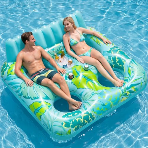 SOLAVERO Luftmatratze Pool Erwachsene 180x156cm Groß Luftmatratze Wasser für 2 Personen mit Rückenlehne & Fußstütze Aufblasbare Poolliege Badeinsel XL mit Getränkehaltern Pool-Flöße für Wasserparty