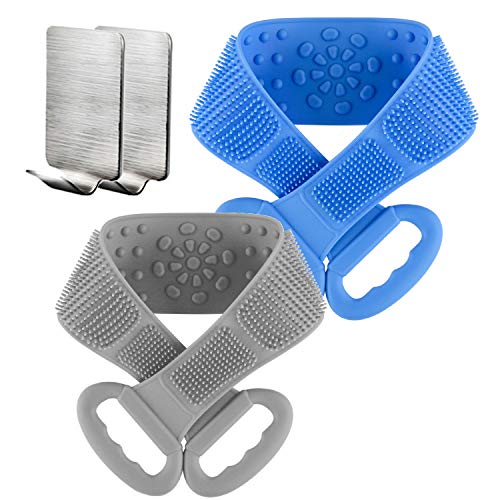 HOPESO Silicone Back Scrubber for Shower, Silicone Bath Body Brush, Easy to Clean - Exfoliating Improve Your Circulation, Includes Stainless Steel Hook (31.5inch, Gray&Blue)