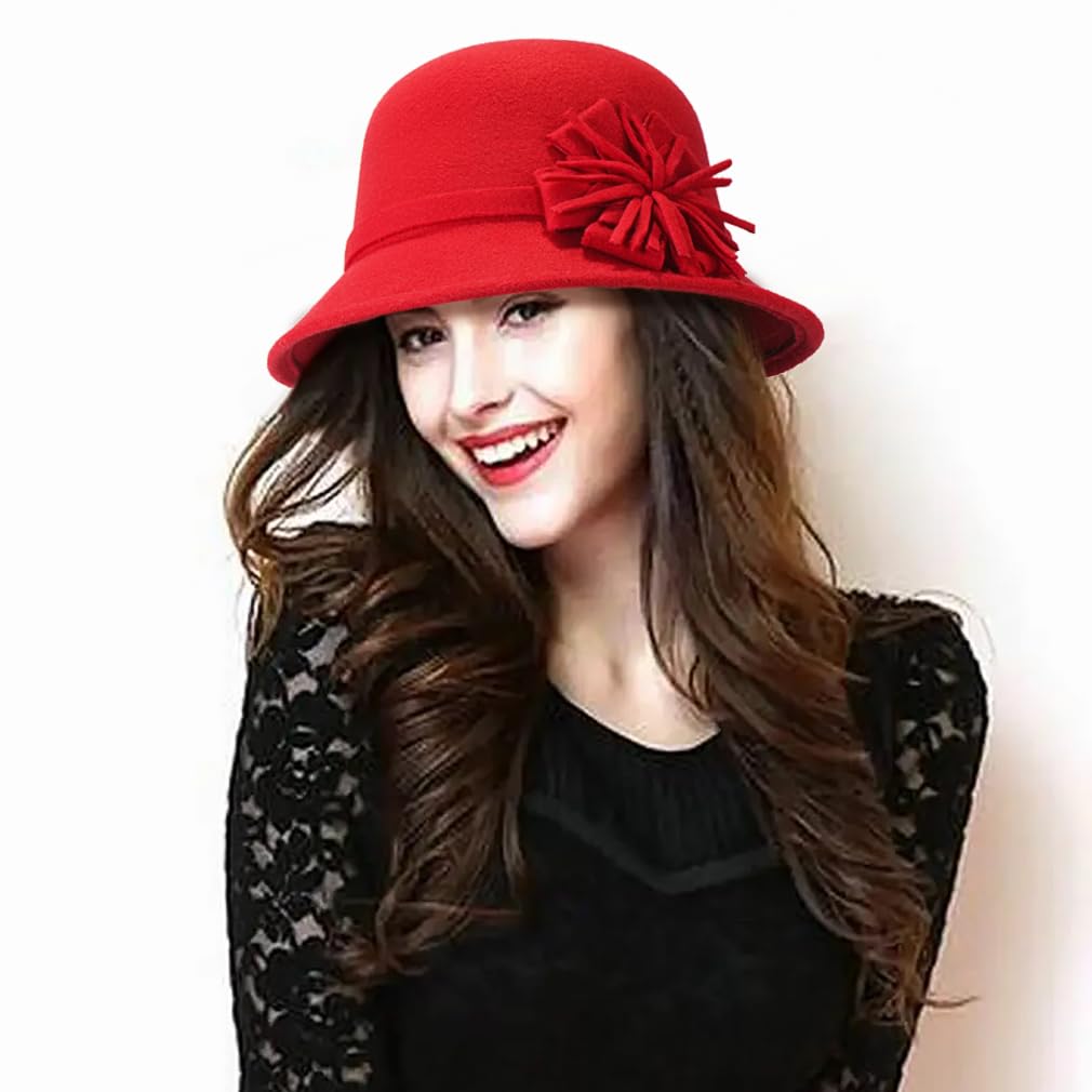 MESU Sombrero de fieltro para mujer, diseño floral, estilo vintage, de los años 20