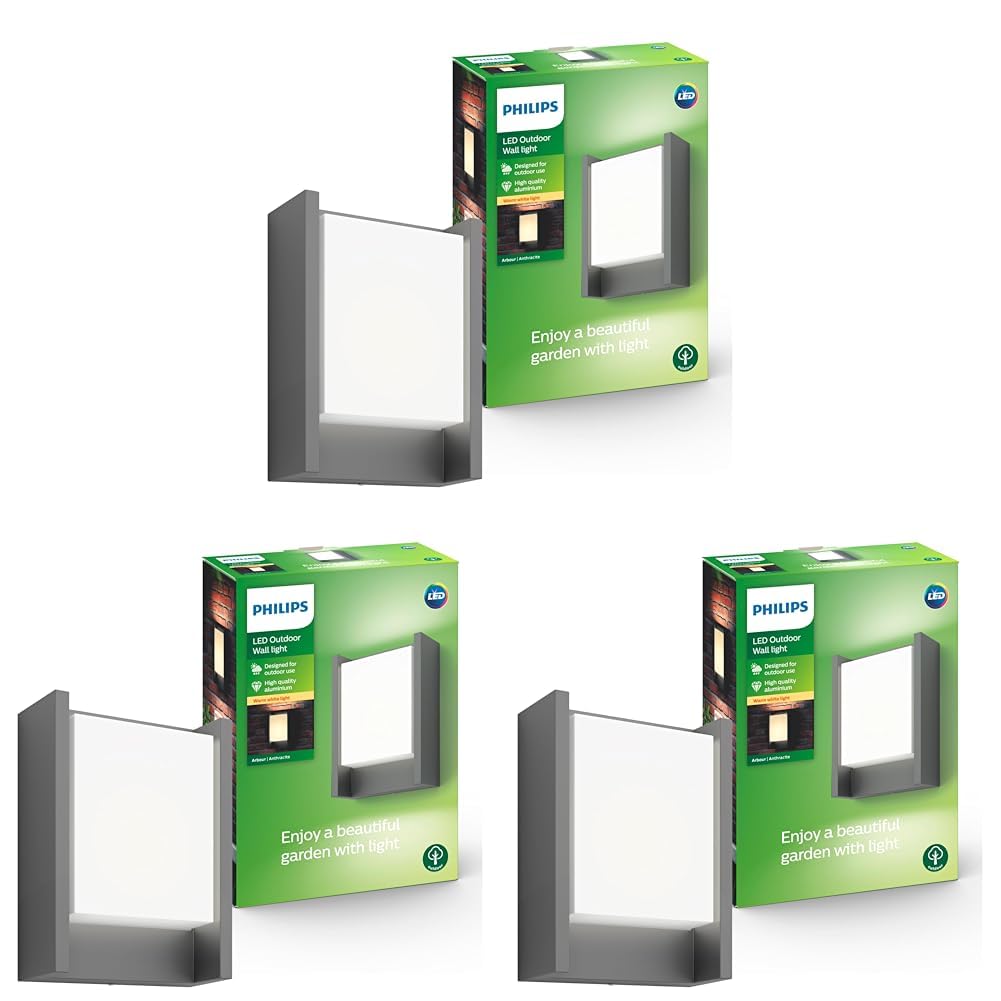 Philips Arbour LED Outdoor Wandleuchte (6 W), wetterfeste Außenleuchte mit warmweißem Licht, energiesparende LED Beleuchtung, anthrazit, Grey (Packung mit 3)