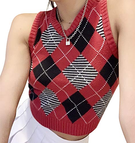 Womens Girl's Sweater Vest Argyle Plaid Crop Sweaters V Neck Sleeveless Preppy Style Tank Tops Red Small