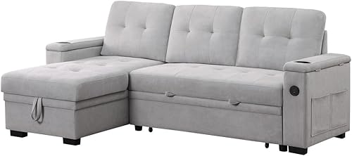 Lilola Home Ashlyn II - Sofá modular reversible de tela tejida gris de 84 pulgadas con diván de almacenamiento, brazo de almacenamiento, soporte