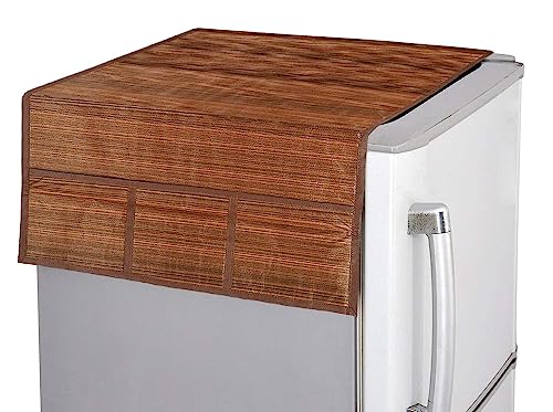 Kuber Industries Wooden Print Fridge Cover With Side Pockets|Fridge Top Cover|Refrigerator Cover|Washable Cotton Material|6 Utility Pockets (Brown)
