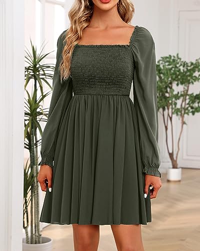 Image of Holipick Women's Casual Square Neck Smocked Dress Shirred Ruffle Puff Sleeve High Waist Cute Flowy A-Line Short Dress