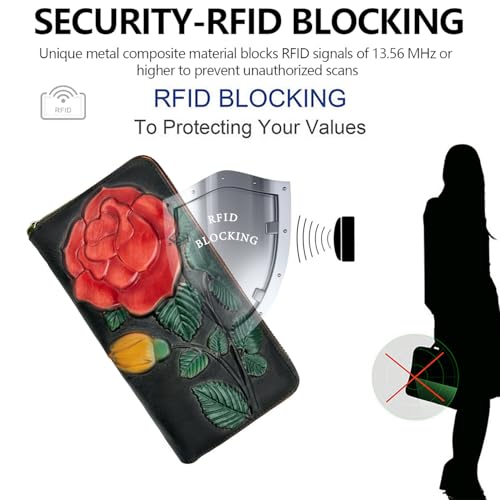 Image of Wallet Genuine Leather for Women - with RFID Blocking Card checkbook ID Slot Large Capacity Vintage style (big rose black)