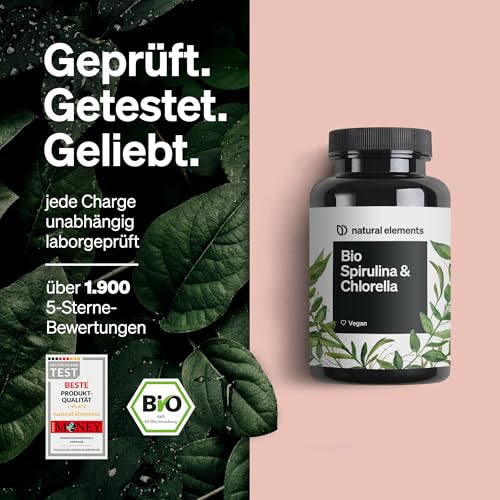 natural elements Bio Spirulina & Chlorella Presslinge – 500 Tabletten – 100% Rein & Natürlich – Zertifiziert Bio, laborgeprüft, ohne Zusätze, vegan und in Deutschland produziert