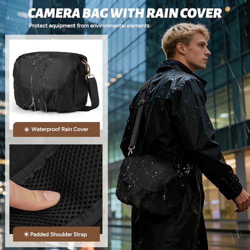 Image of RAINSMORE Camera Bag, Vintage Canvas Camera Sling Bag Crossbody Camera Case | Water-resistant DSLR SLR Mirrorless Camera Bag for Photographer with Rain Cover & Tripod Holder for Sony Canon Nikon Fujifilm