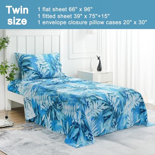 Image of JSD Blue Tropical Leaves Print Twin Sheet Set Deep Pocket | 3 Piece Soft Botanical Microfiber Sheets, OEKO-TEX Certified, Easy Care