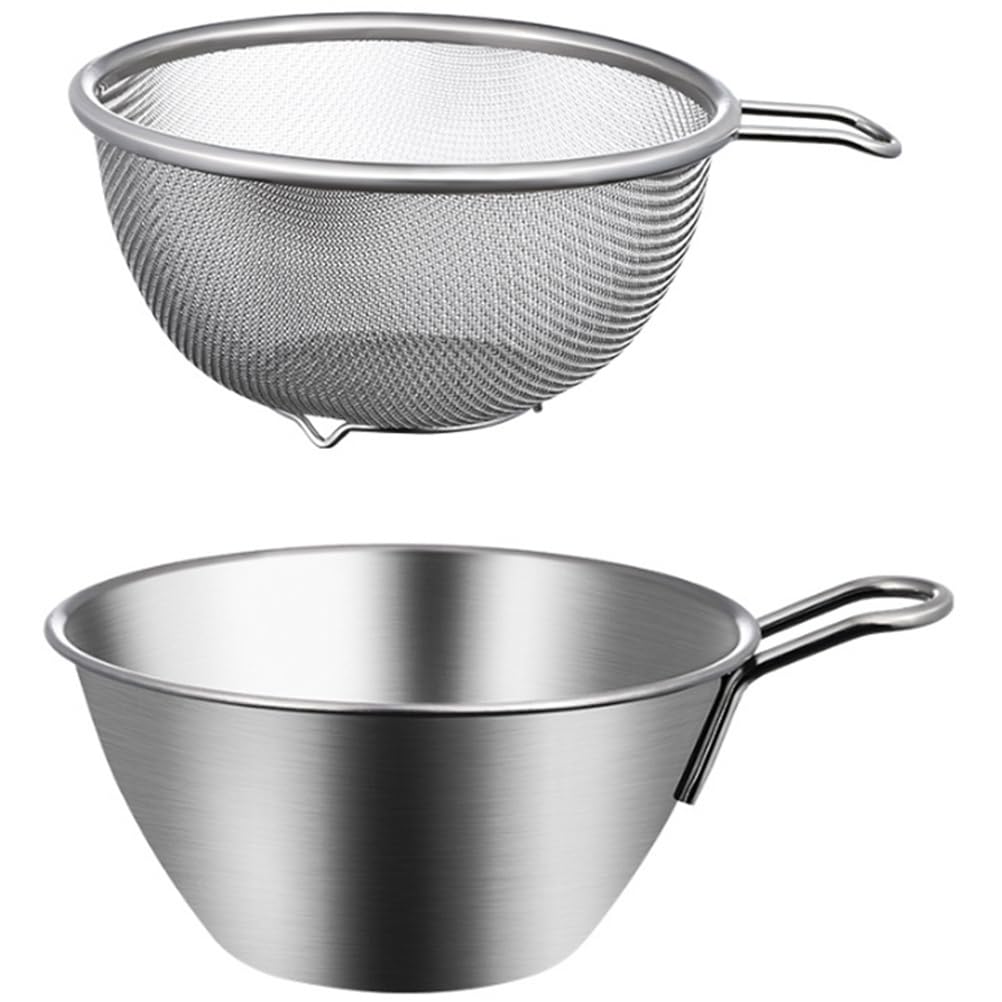 TOPBATHY Stainless Steel Strainer Bowl Set, Fine Mesh Colander with Matching Bowl, Kitchen Draining Basket for Washing Vegetables, Fruit, Salad, Baking and Food Prep
