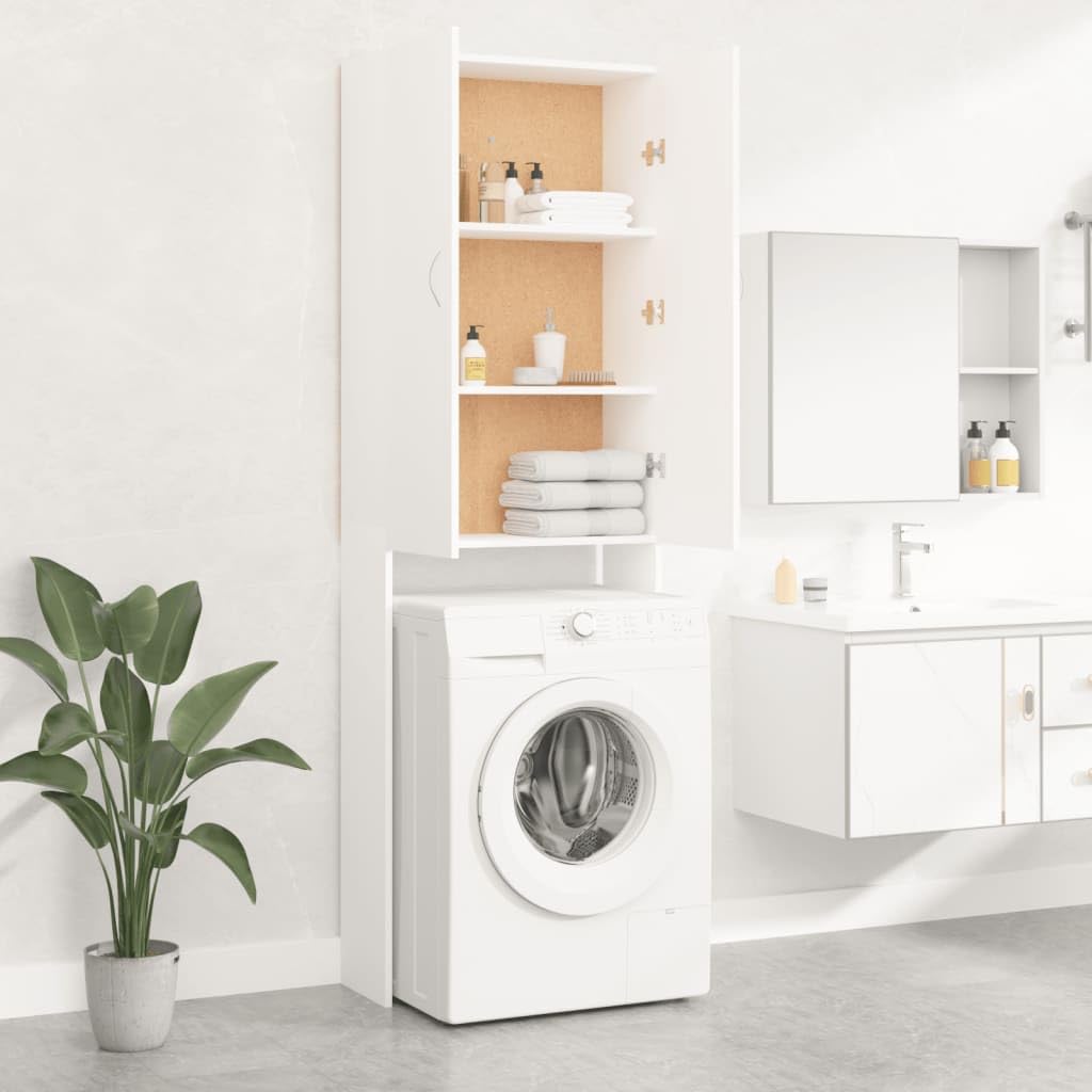 vidaXL Armario para Lavadora, Blanco, 64x25,5x190 cm, Madera de ingeniería, Mueble para lavandería con 2 Puertas y 3 Compartimentos, Estantería de baño, Mueble para el hogar