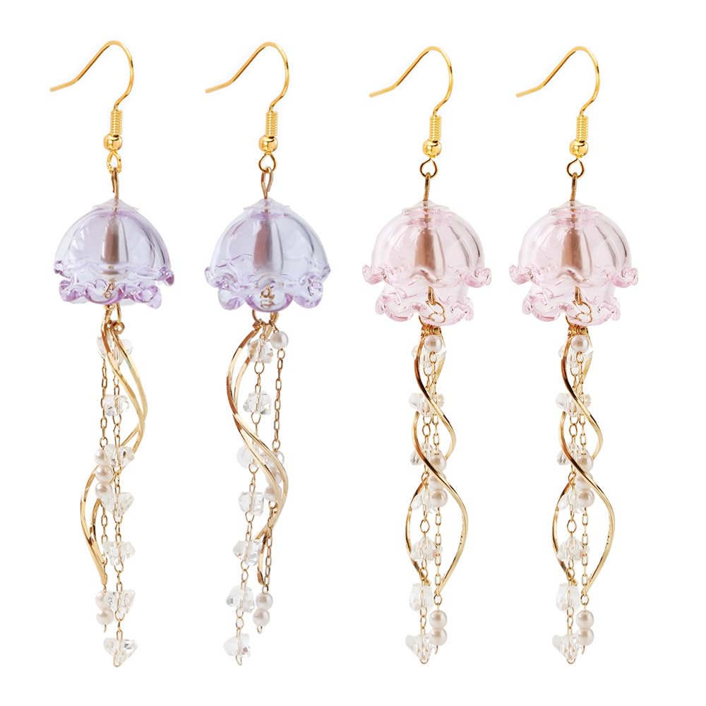 NOIAFZY 2Pair Whimsical Jellyfish-Shaped Long Tassel Dangling Earrings Sparkling Fashion Accessories