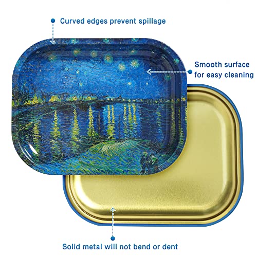 Stotir Premium Metal Rolling Tray With Pvc Soft Magnetic Lid, Van Gogh Art Small Tray, Perfect Storage For Home Or On-The-Go, 7'' X 5.5'' #TOP2
