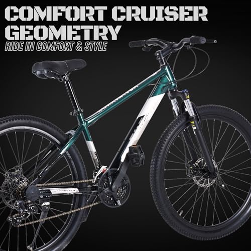 Image of FitTrip Dominator 27.5 T Unisex MTB | 21 SPD Shimano Gear Cycle for Boys | Zoom Alloy Lockout Suspension | Imported Clarks UK Dual Disk Brakes | Unisex Stunt MTB Cycle (British Racing Green)