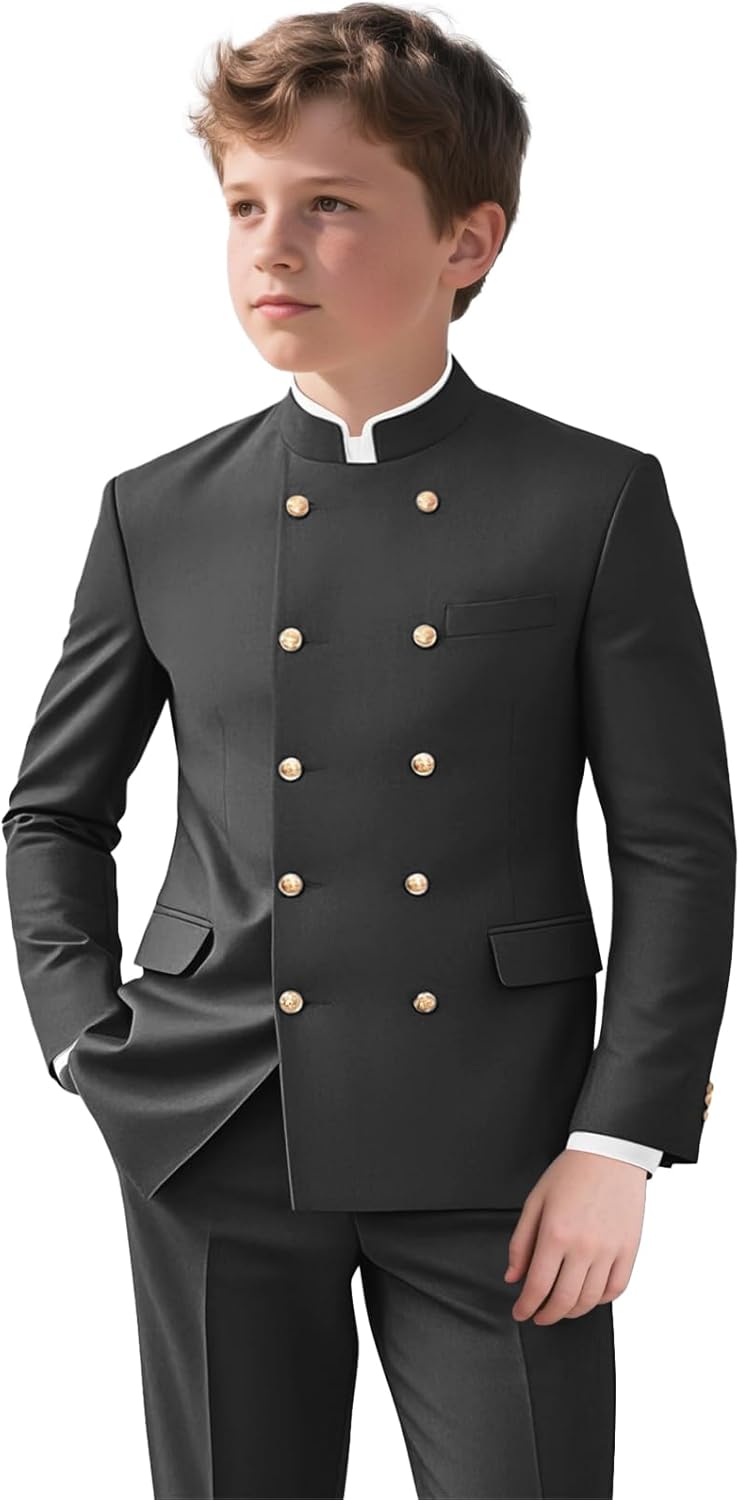 Boys 2 Piece Chinese Tunic Suits Slim Fit Traditional Mandarin Collar Kids Tuxedo for Prom Wedding Outfit