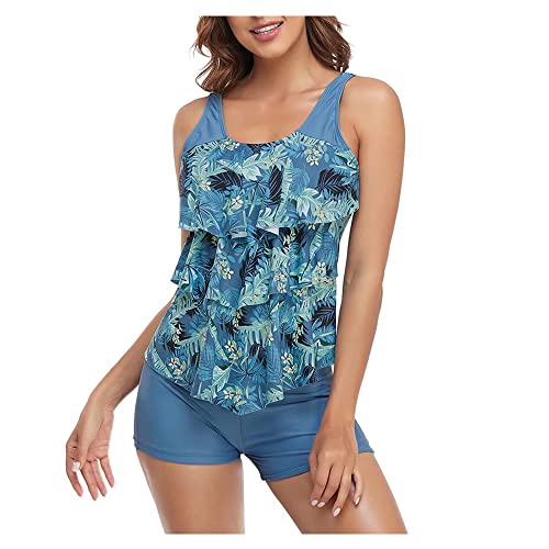 LYCG Bauchkontrolle-Badeanzüge für Frauen Plus Size Tankini-Badeanzüge Volant-bedrucktes Oberteil mit Boyshorts-Badebekleidung Cover