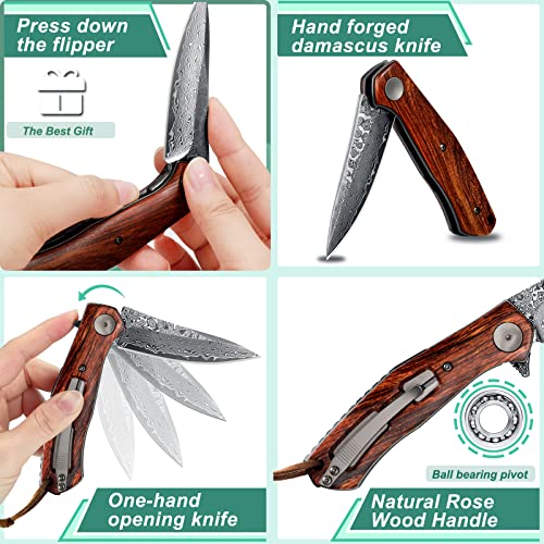 Damascus-Folding-Knife-with-Clip-Leather-Sheath-Camping-Knife-EDC-Sharp-Damascus-Pocket-Knife-Handmade-with-Liner-Lock-and-Wood-Handle-for-Outdoor-Survival-Hunting-Collection
