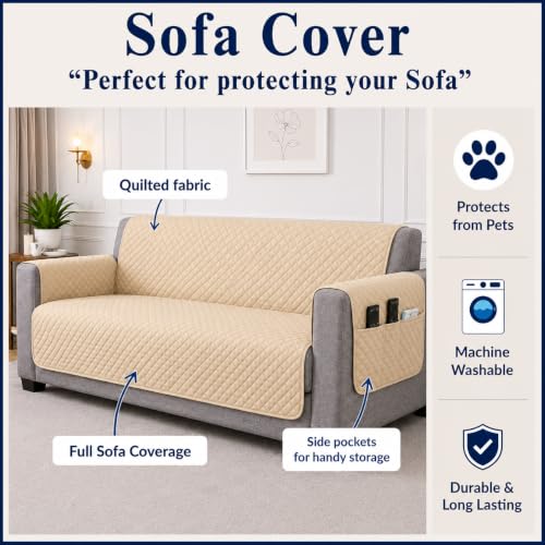 Image of STITCHNEST 'Airsoft Range Series' Solid Quilted Velvet Sofa Cover for 3 Seater | Premium Soft Velvet Sofa Protector | Beige Diamond Quilted Design with Armrest Pockets | Furniture Cover